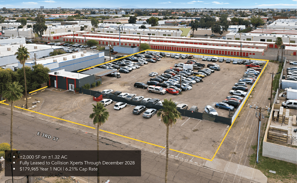 Aerial view of industrial property at 1825 E 3rd St in Tempe, Arizona showing warehouse building, access points, and surrounding site area.