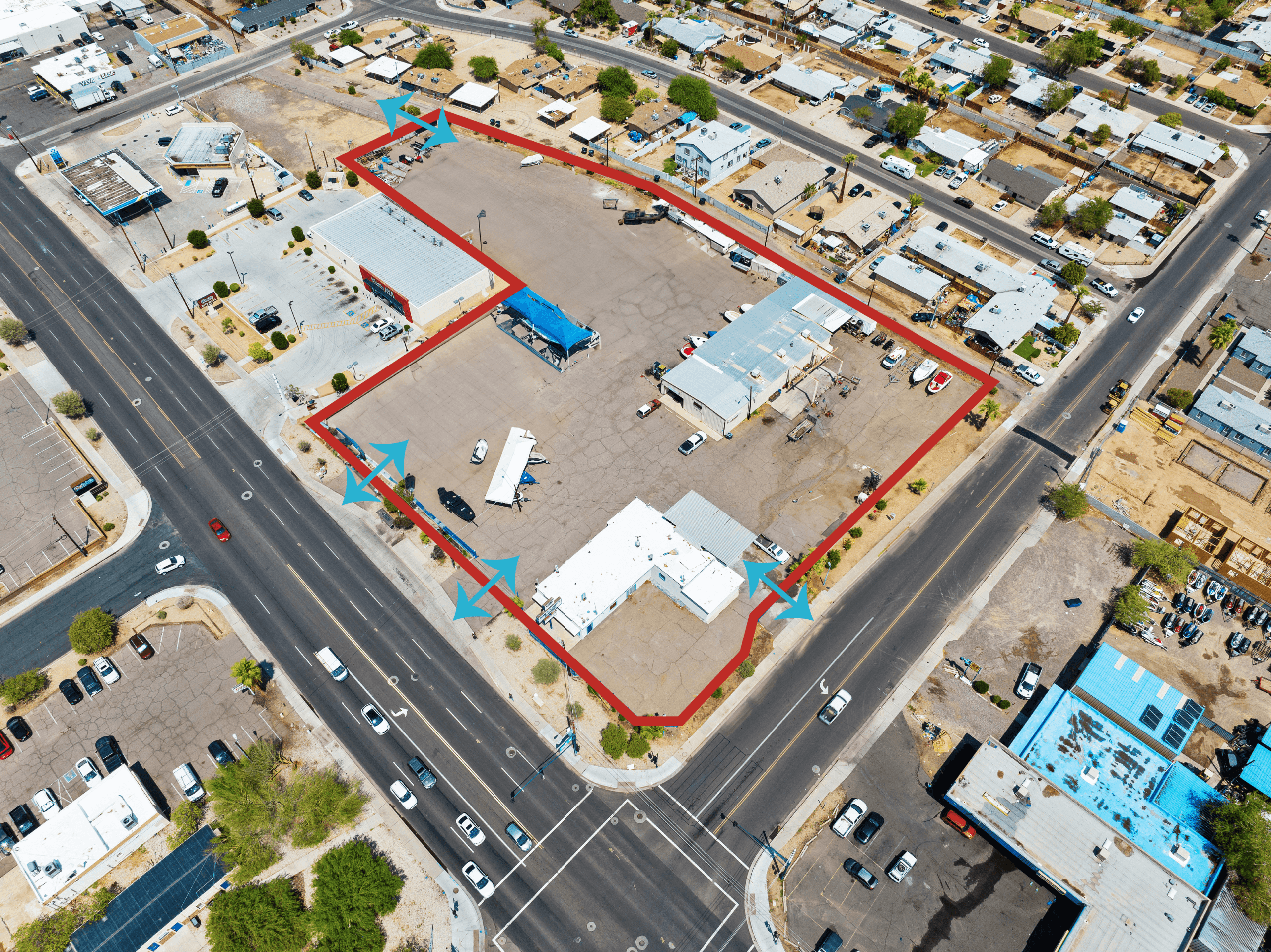 Aerial view of industrial property at 9801 N 19th Ave in Phoenix, Arizona showing warehouse building, access points, and surrounding site area.