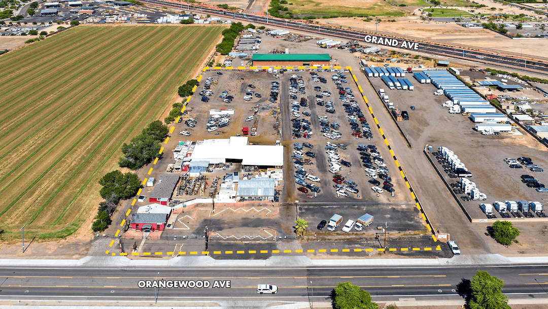 Aerial view of industrial property at 6430 W Orangewood Ave in Glendale, Arizona showing site area, access points, and industrial yard potential.