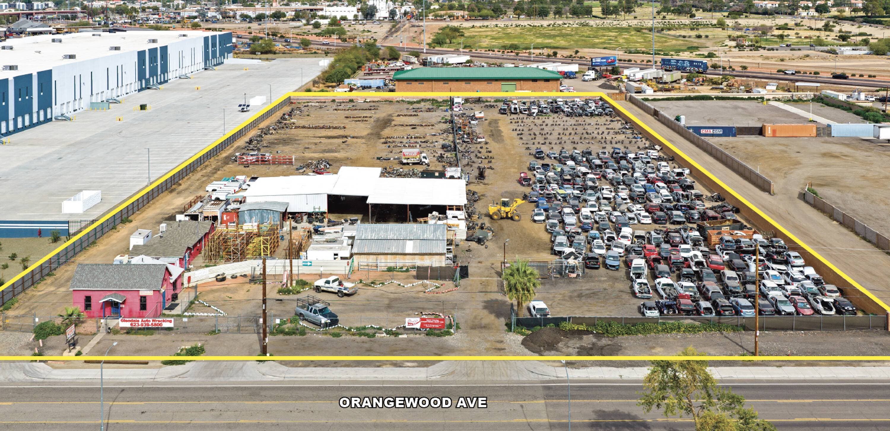 Aerial view of industrial property at 6424 W Orangewood Ave in Glendale, Arizona showing warehouse building, access points, and surrounding site area.