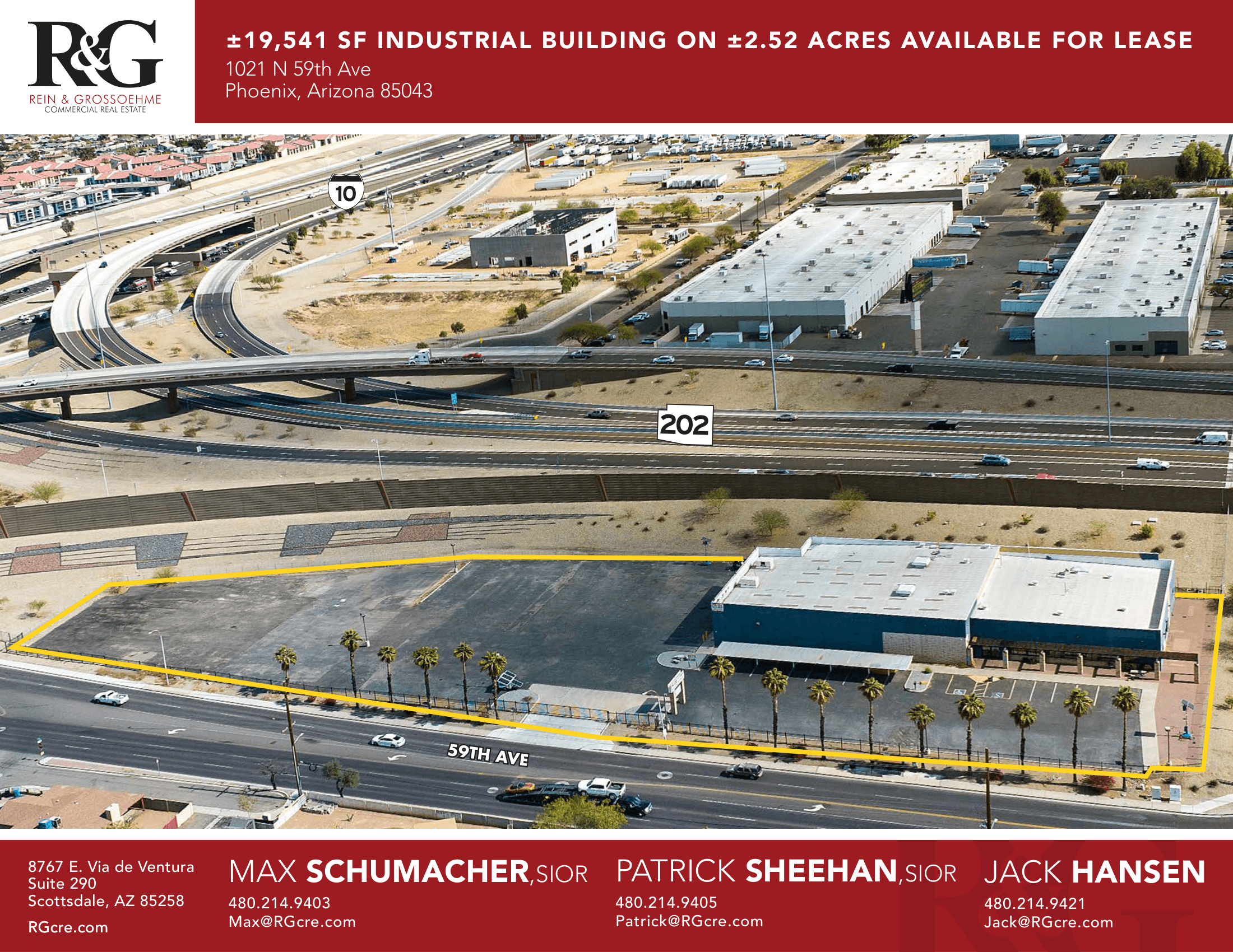 Aerial view of industrial property at 1021 N 59th Ave in Phoenix, Arizona showing warehouse building, access points, and surrounding site area.