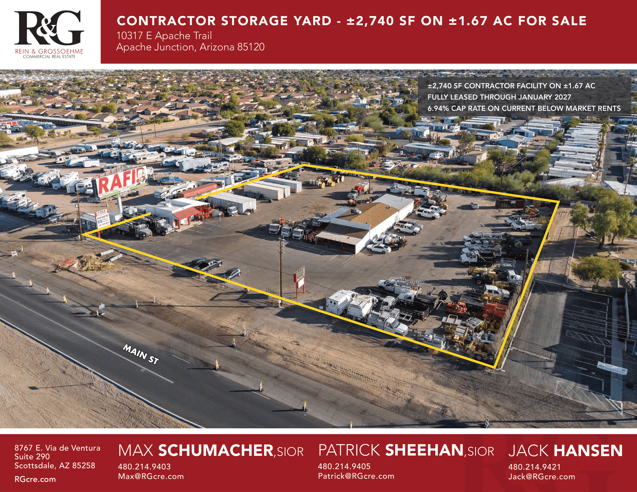 Aerial view of industrial property at 10317 E Apache Trail in Mesa, Arizona showing warehouse building, access points, and surrounding site area.