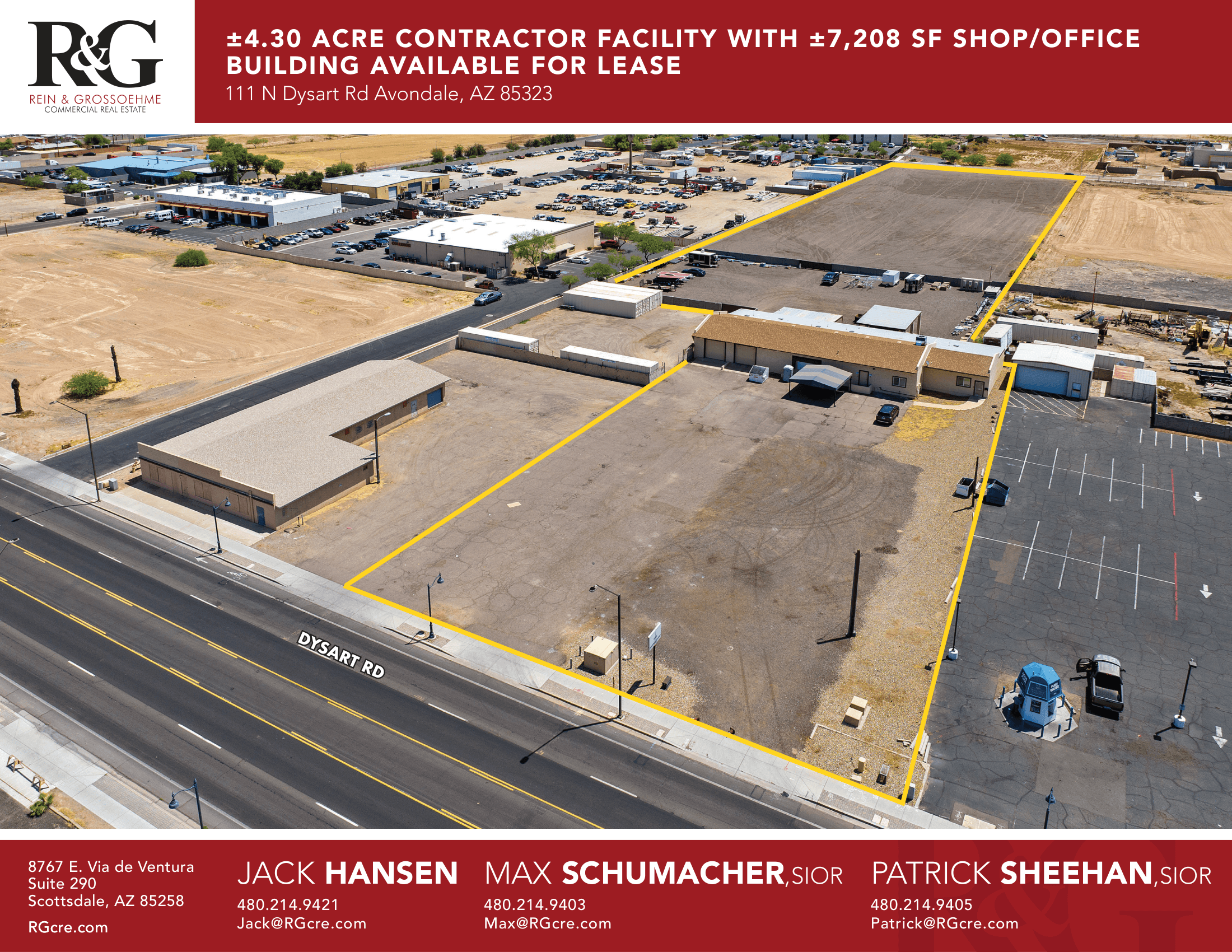 Aerial view of industrial property at 111 N Dysart Rd in Avondale, Arizona showing warehouse building, access points, and surrounding site area.