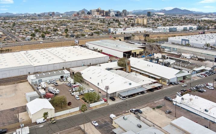 Aerial view of industrial property at 1146 W Hilton Ave in Phoenix, Arizona showing warehouse building, access points, and surrounding site area.