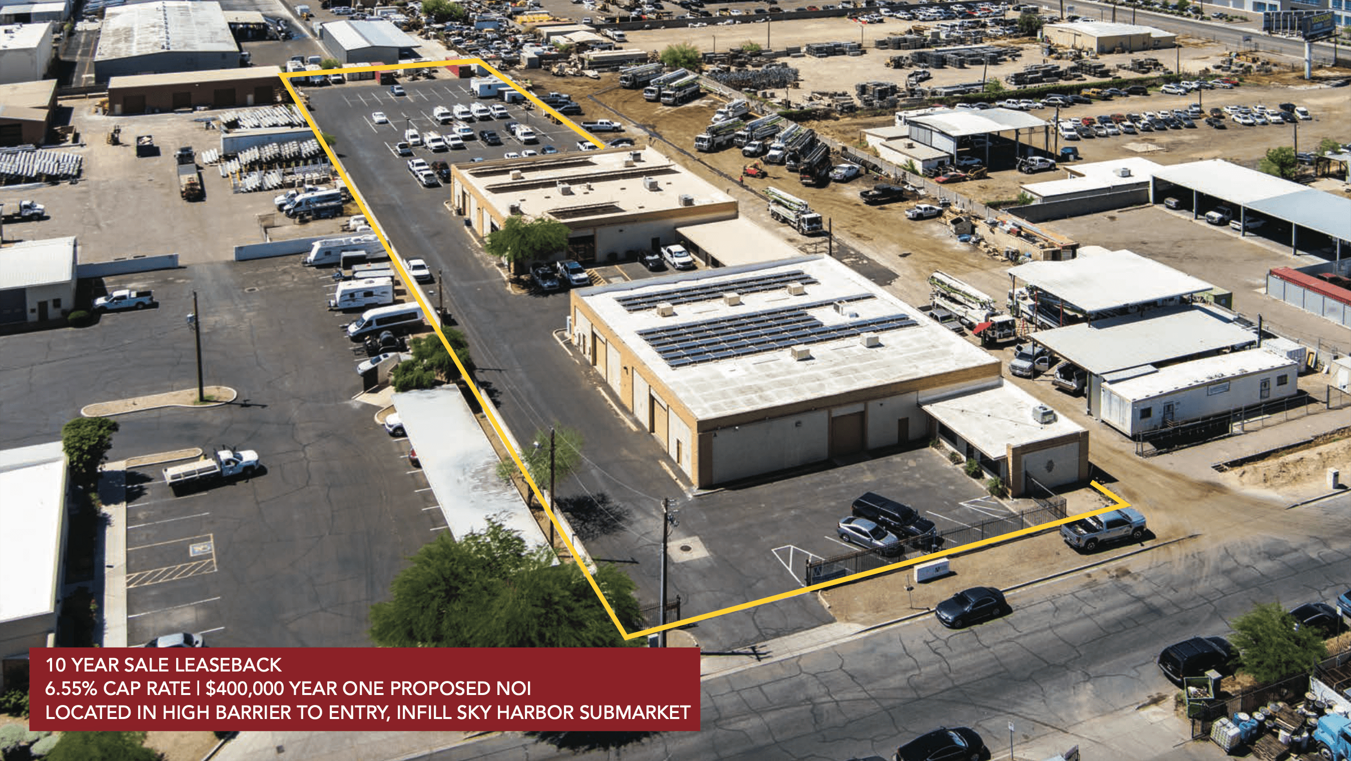 Aerial view of industrial property at 4107 E Winslow Ave in Phoenix, Arizona showing warehouse building, access points, and surrounding site area.