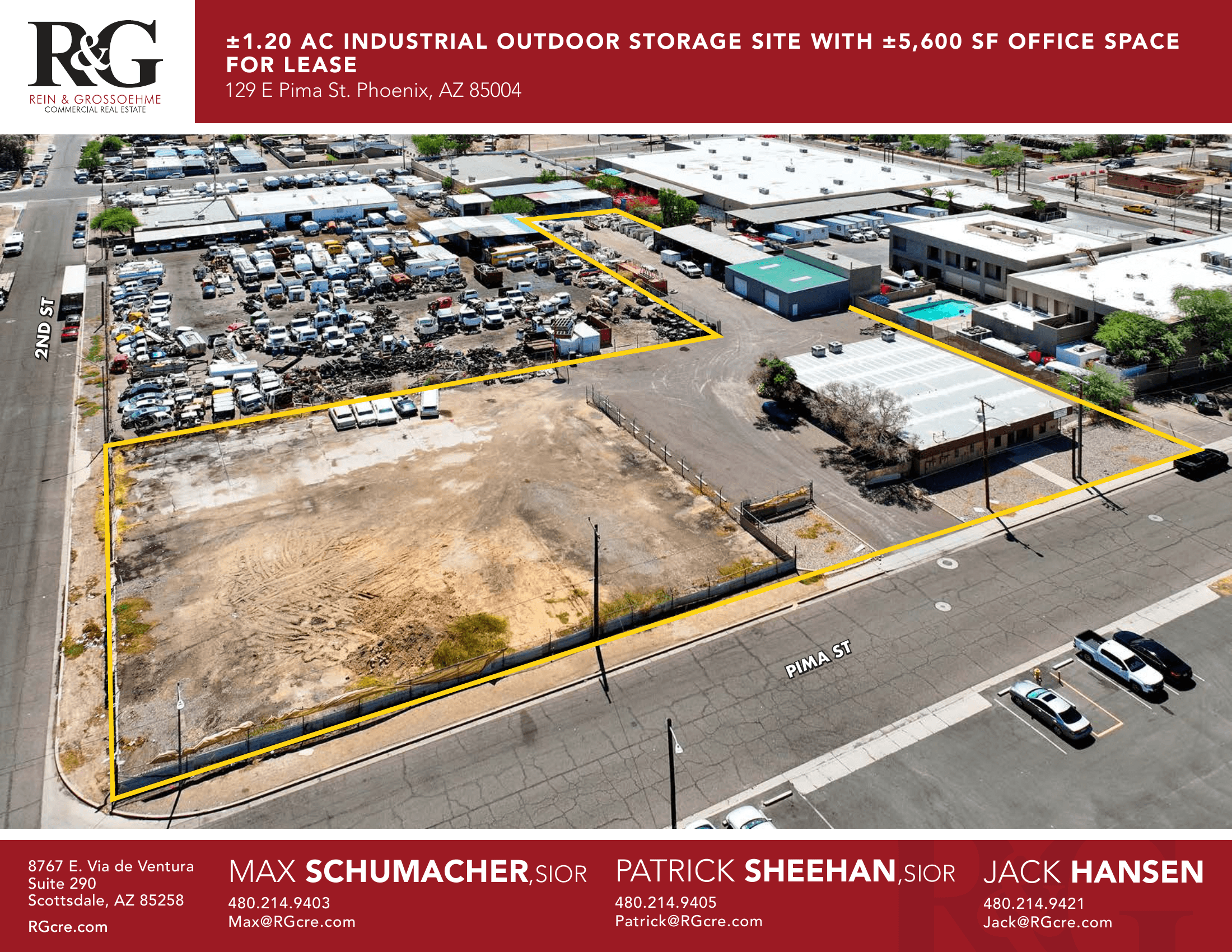 Aerial view of industrial property at 129 E Pima St in Phoenix, Arizona showing warehouse building, access points, and surrounding site area.