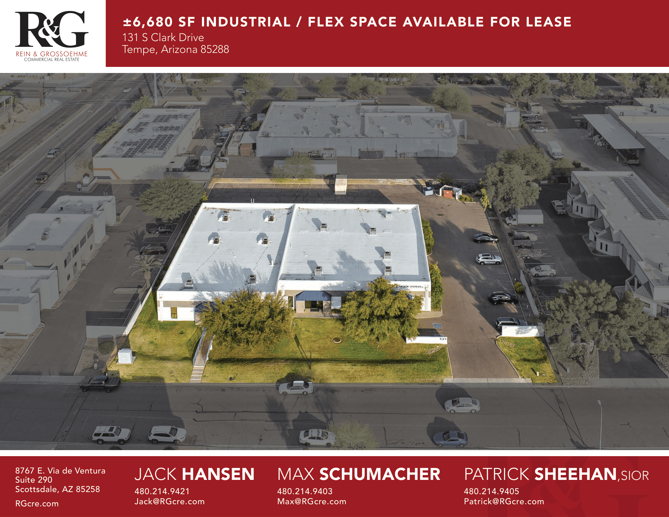 Aerial view of industrial property at 131 S Clark Dr in Tempe, Arizona showing warehouse building, access points, and surrounding site area.