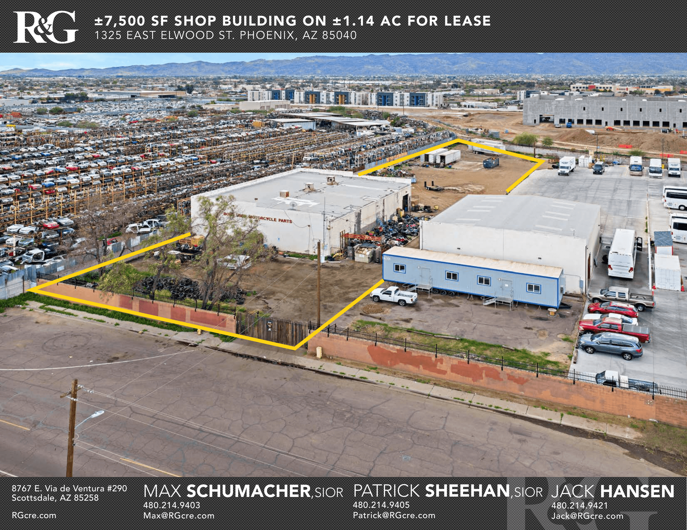 Aerial view of industrial property at 1325 E Elwood St in Phoenix, Arizona showing warehouse building, access points, and surrounding site area.