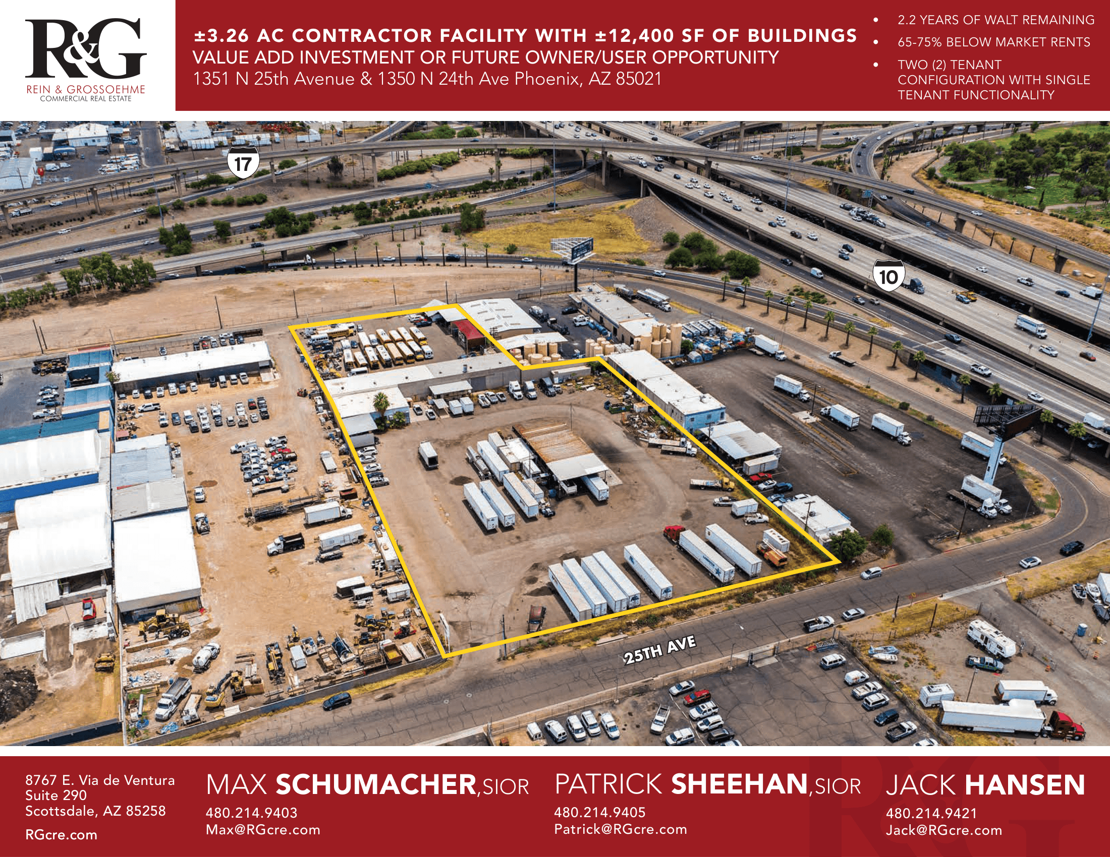 Aerial view of industrial property at 1351 N 25th Ave in Phoenix, Arizona showing warehouse building, access points, and surrounding site area.