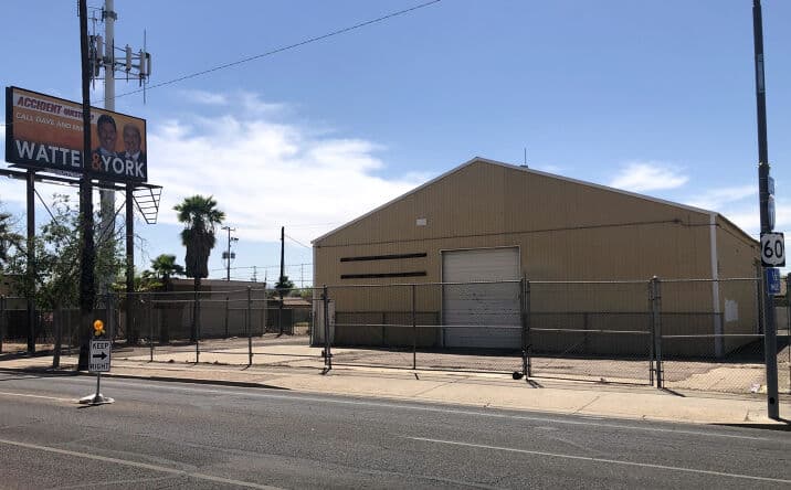 Aerial view of industrial property at 1402 W Van Buren St in Phoenix, Arizona showing warehouse building, access points, and surrounding site area.