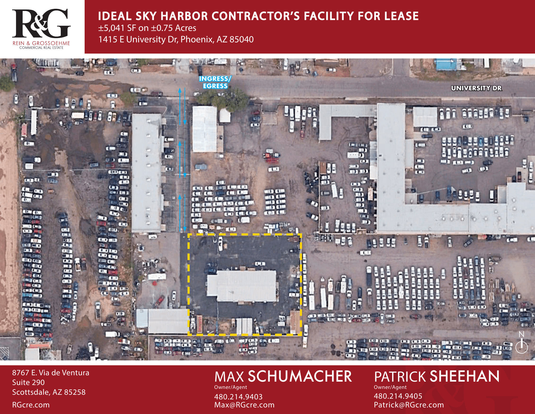 Aerial view of industrial property at 1415 E University Dr in Phoenix, Arizona showing warehouse building, access points, and surrounding site area.