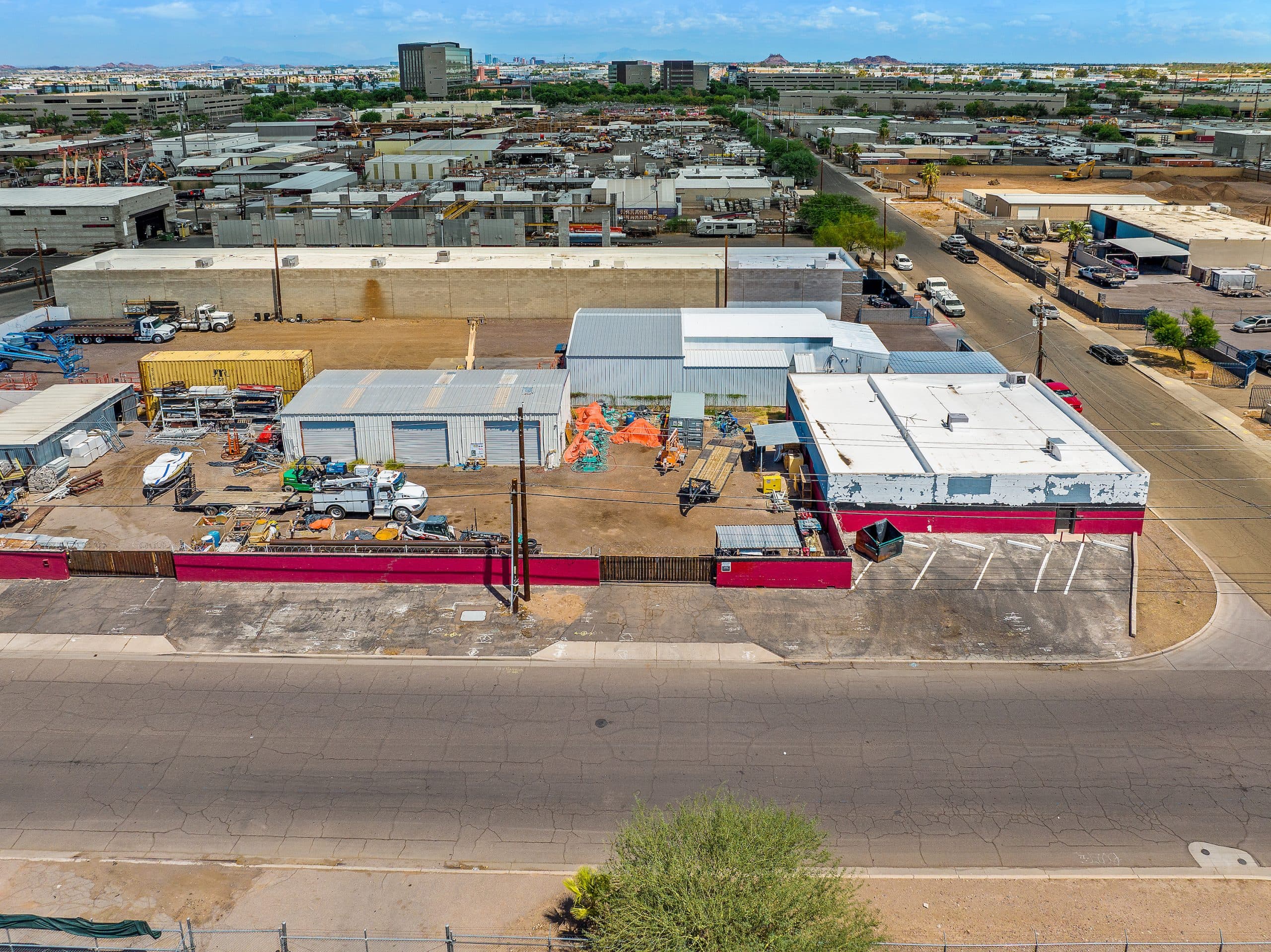 Aerial view of industrial property at 3949 S 28th St in Phoenix, Arizona showing warehouse building, access points, and surrounding site area.