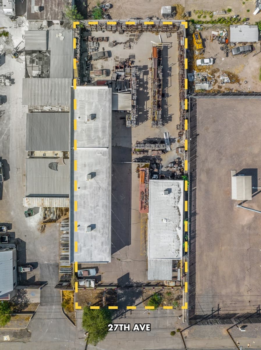Aerial view of industrial property at 1620 S 27th Ave in Phoenix, Arizona showing warehouse building, access points, and surrounding site area.