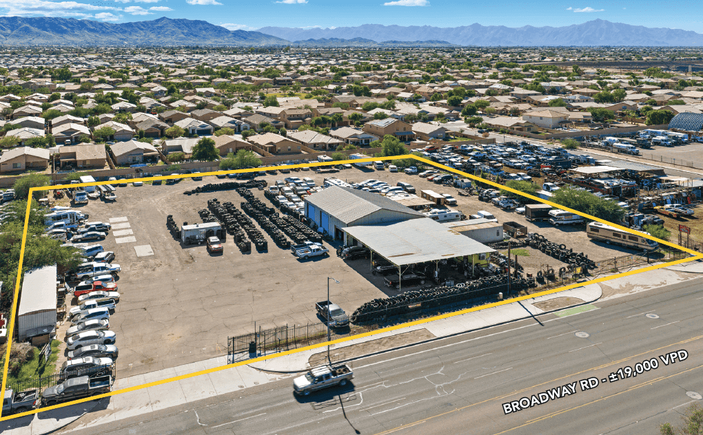 Aerial view of industrial property at 2435 W Broadway Rd in Phoenix, Arizona showing warehouse building, access points, and surrounding site area.