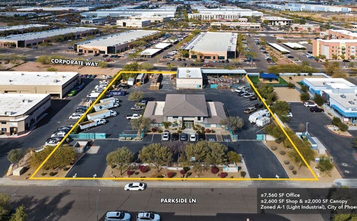 Aerial view of industrial property at 1705 W Parkside Ln in Phoenix, Arizona showing warehouse building, access points, and surrounding site area.
