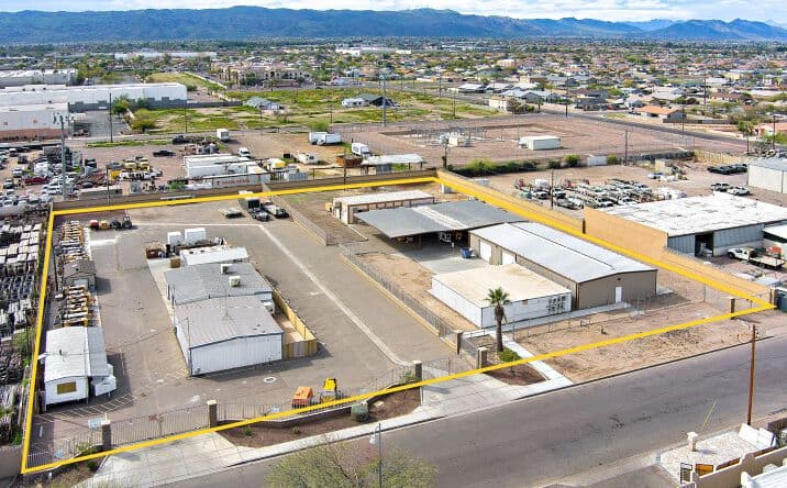 Aerial view of industrial property at 1715 N Arizona Ave in Chandler, Arizona showing warehouse building, access points, and surrounding site area.