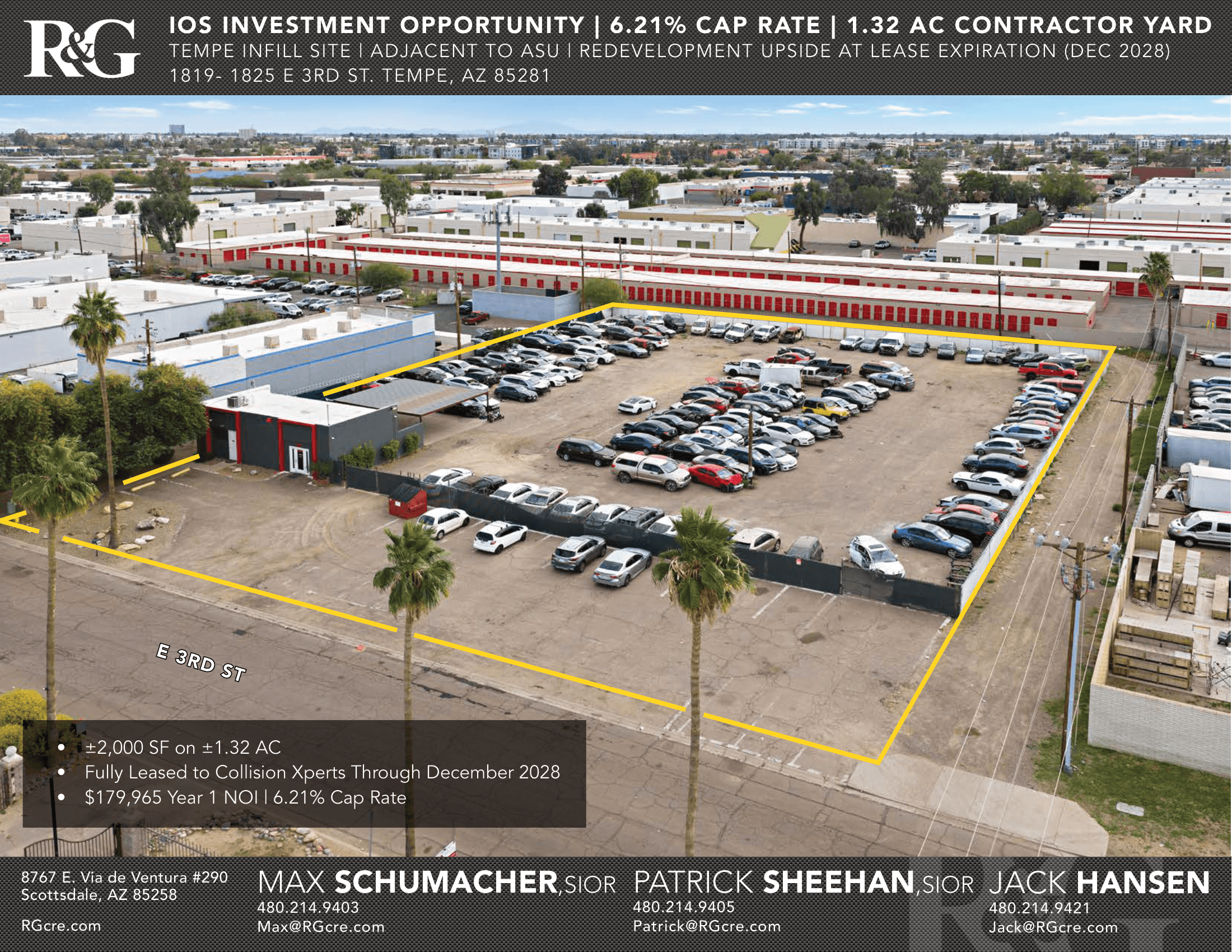 Aerial view of industrial property at 1819-1825 E 3rd St in Tempe, Arizona showing warehouse building, access points, and surrounding site area.