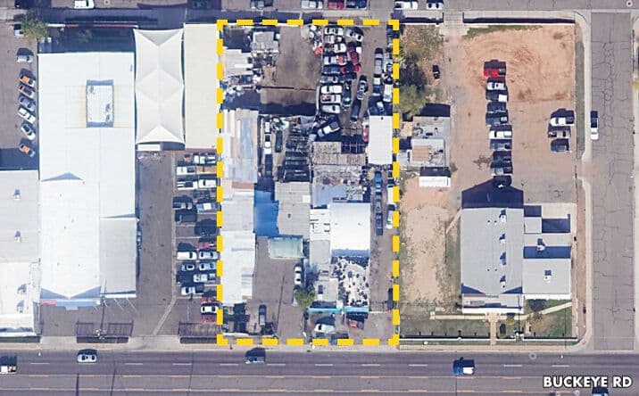 Aerial view of industrial property at 2014-2020 W Buckeye Rd in Phoenix, Arizona showing warehouse building, access points, and surrounding site area.