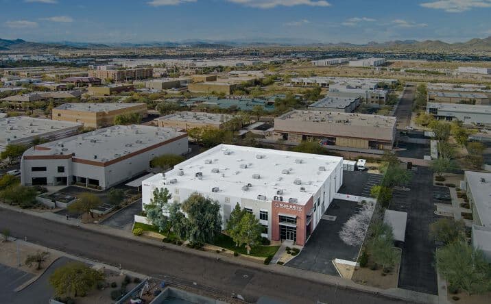Aerial view of industrial property at 2031 W Lone Cactus Dr in Phoenix, Arizona showing warehouse building, access points, and surrounding site area.