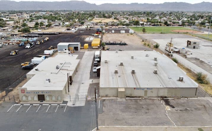 Aerial view of industrial property at 2120 W Encanto Blvd in Phoenix, Arizona showing warehouse building, access points, and surrounding site area.