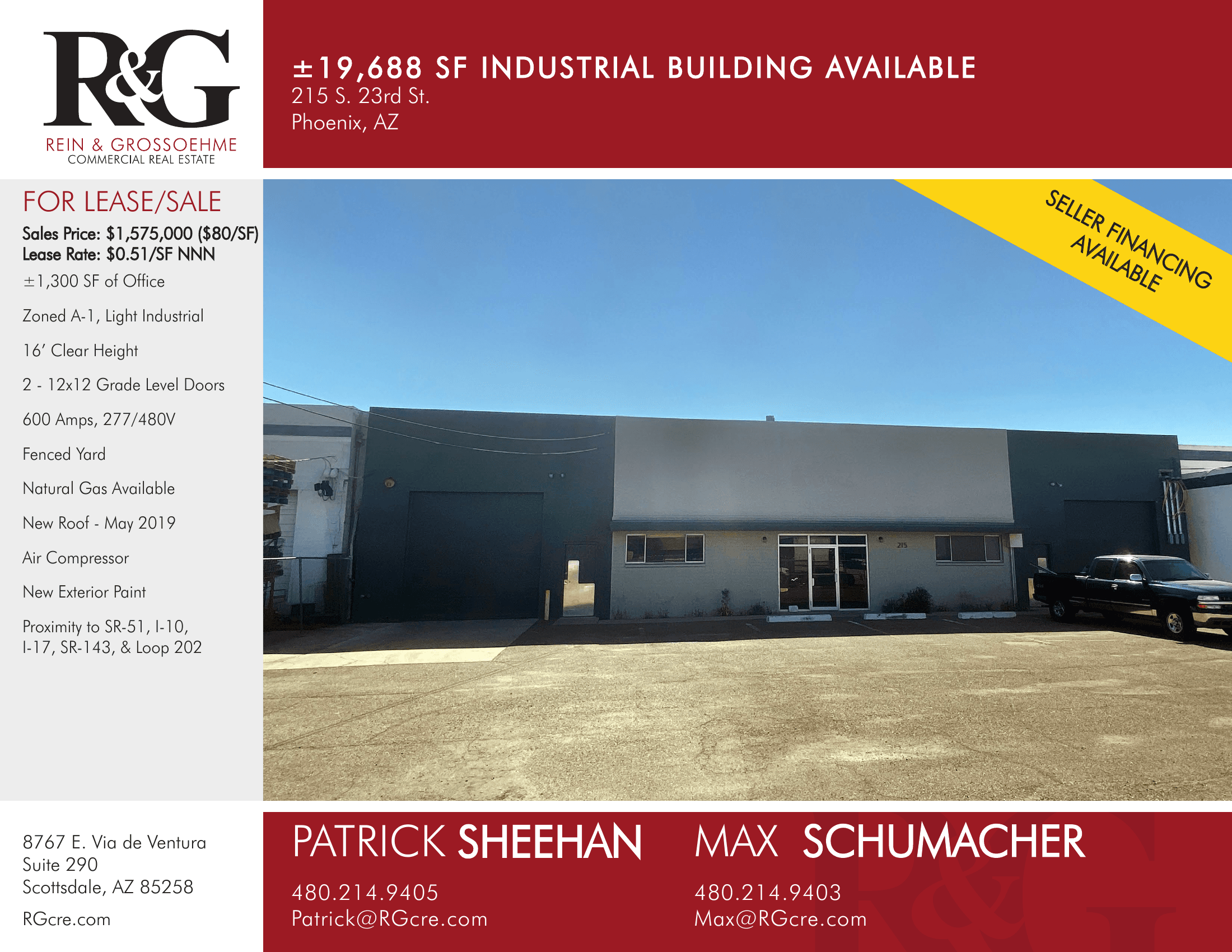 Aerial view of industrial property at 215 S 23rd St in Phoenix, Arizona showing warehouse building, access points, and surrounding site area.