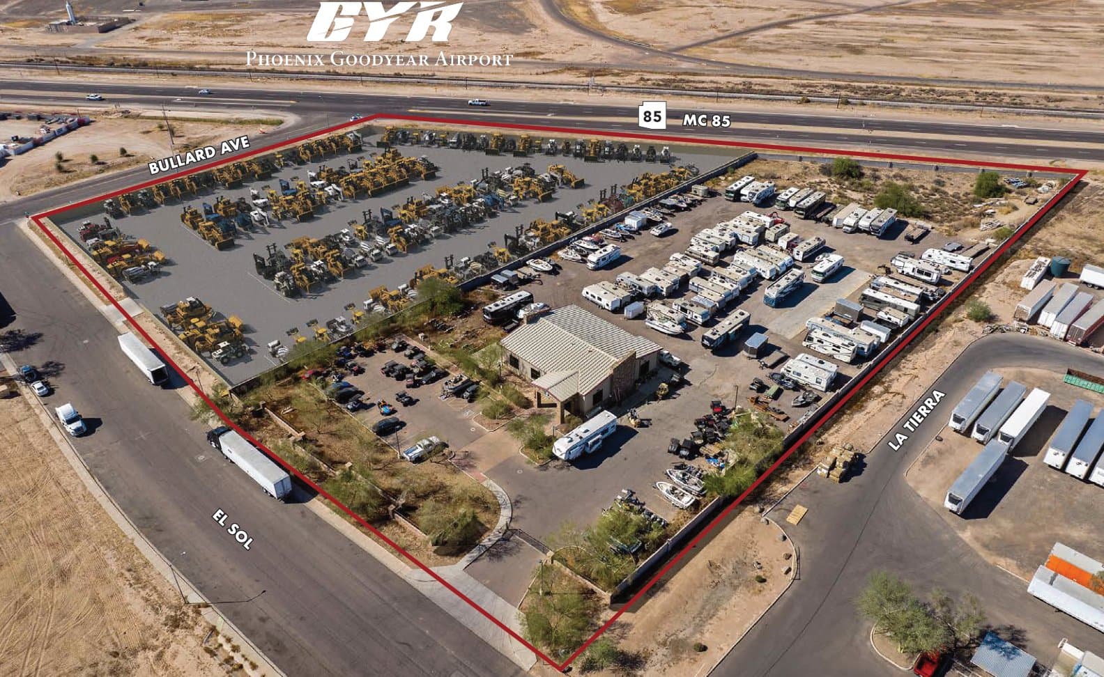 Aerial view of industrial property at 14620 W El Sol Blvd in Goodyear, Arizona showing warehouse building, access points, and surrounding site area.