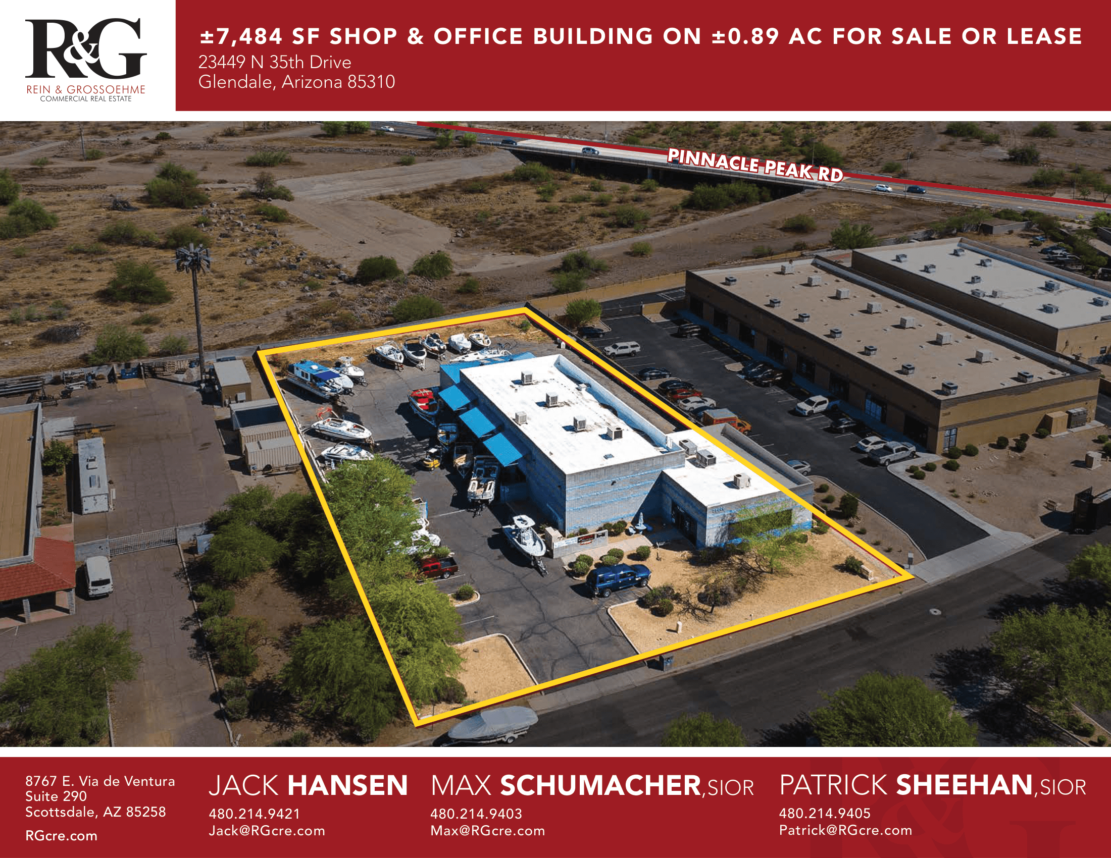 Aerial view of industrial property at 23449 N 35th Drive in Phoenix, Arizona showing warehouse building, access points, and surrounding site area.