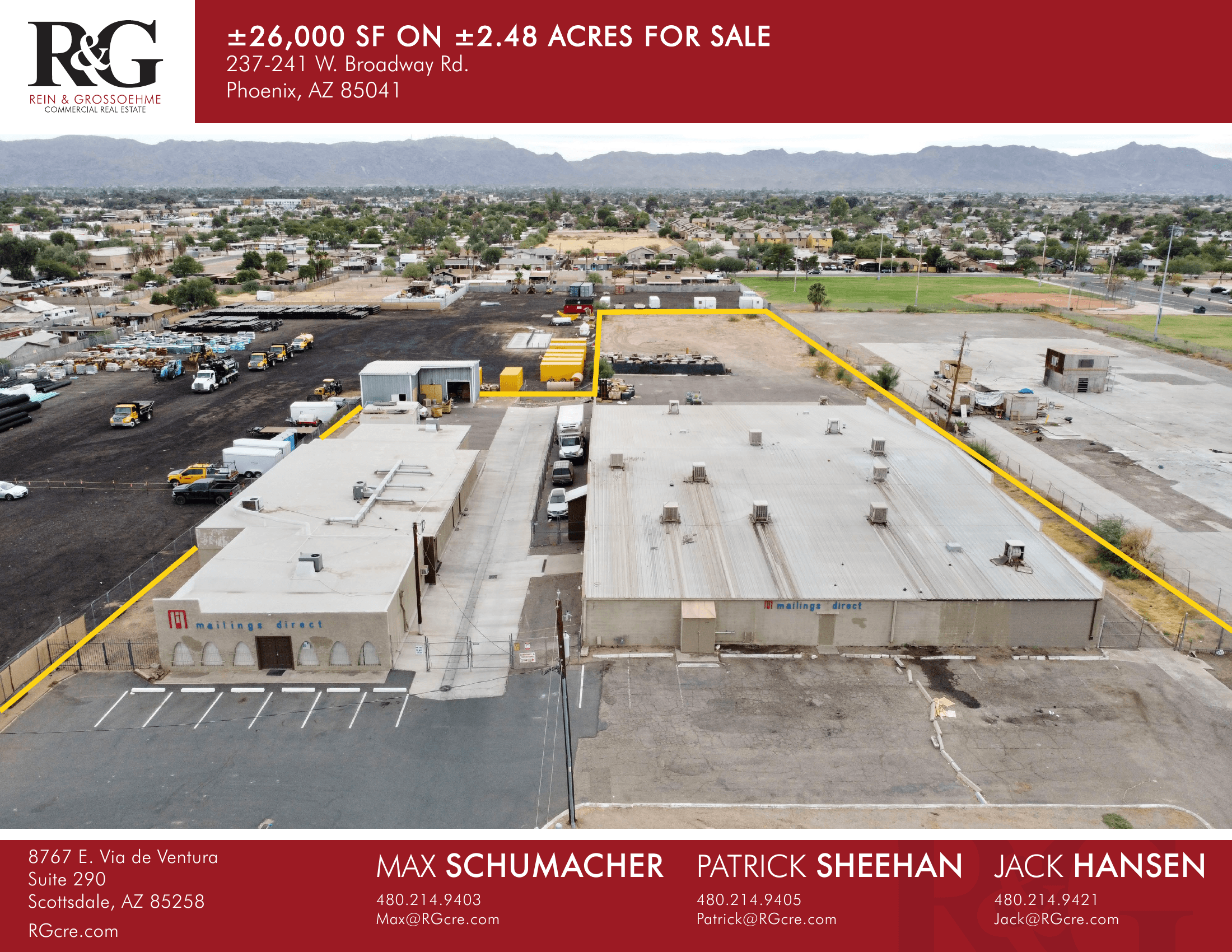 Aerial view of industrial property at 237-241 W Broadway Rd in Phoenix, Arizona showing warehouse building, access points, and surrounding site area.