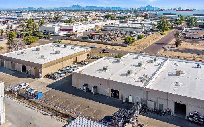 Aerial view of industrial property at 2508 N 33rd Ave in Phoenix, Arizona showing warehouse building, access points, and surrounding site area.