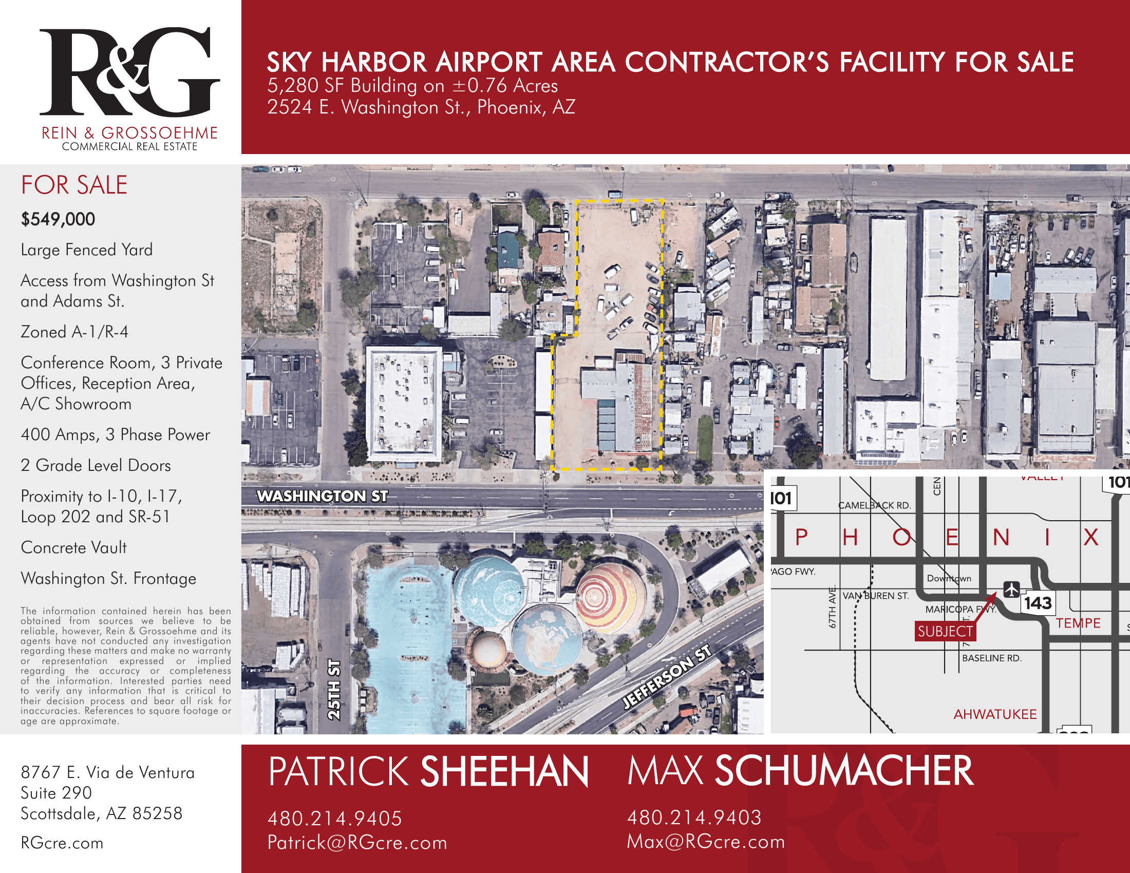 Aerial view of industrial property at 2524 E Washington St in Phoenix, Arizona showing warehouse building, access points, and surrounding site area.