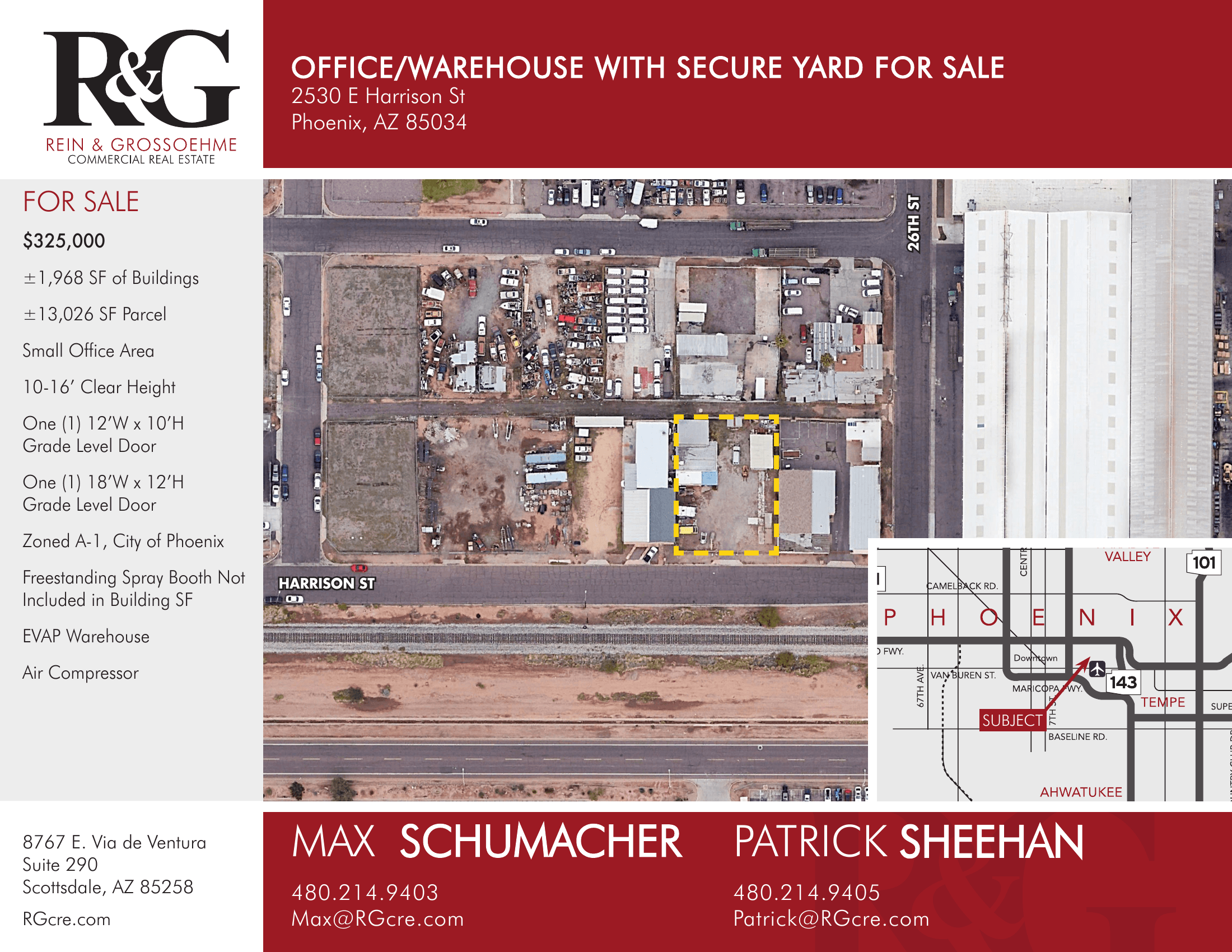 Aerial view of industrial property at 2530 E Harrison St in Phoenix, Arizona showing warehouse building, access points, and surrounding site area.