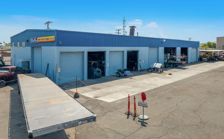 Aerial view of industrial property at 255-263 S Extension Rd in Mesa, Arizona showing warehouse building, access points, and surrounding site area.