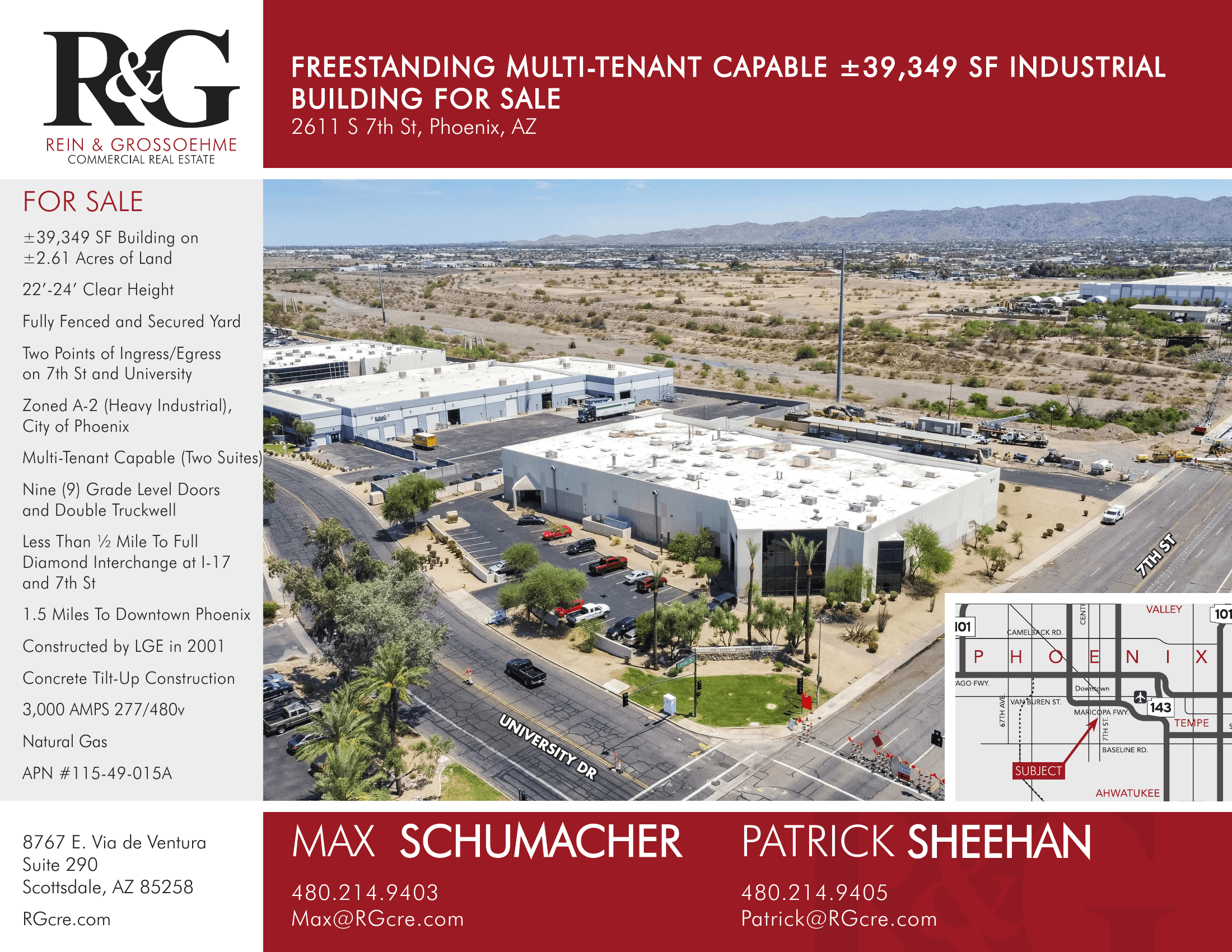 Aerial view of industrial property at 2611 S 7th St in Phoenix, Arizona showing warehouse building, access points, and surrounding site area.