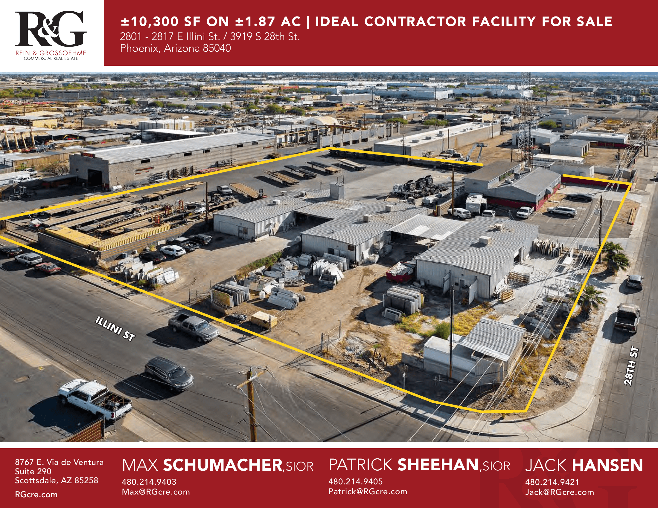 Aerial view of industrial property at 2801 E Illini St in Phoenix, Arizona showing warehouse building, access points, and surrounding site area.