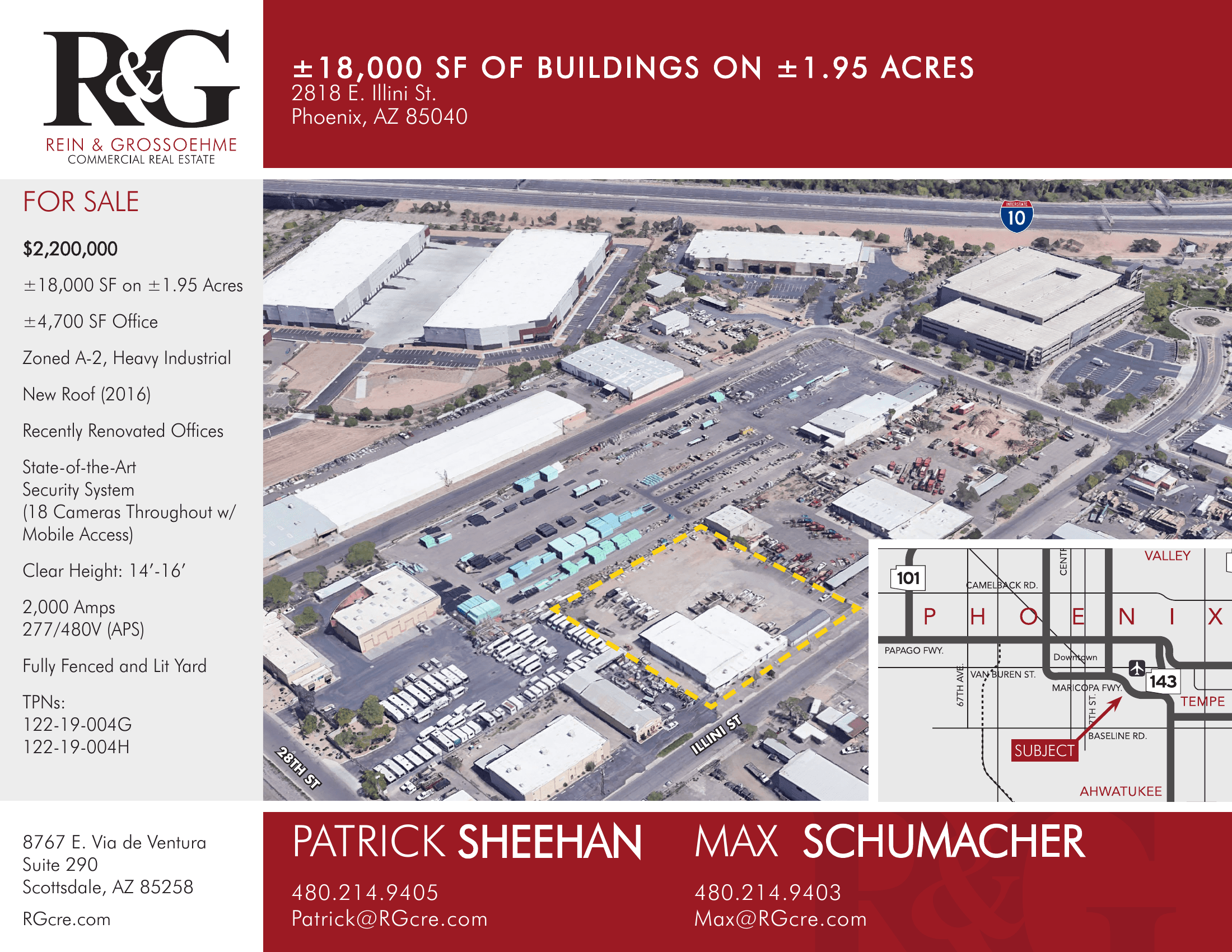 Aerial view of industrial property at 2818 E Illini St in Phoenix, Arizona showing warehouse building, access points, and surrounding site area.