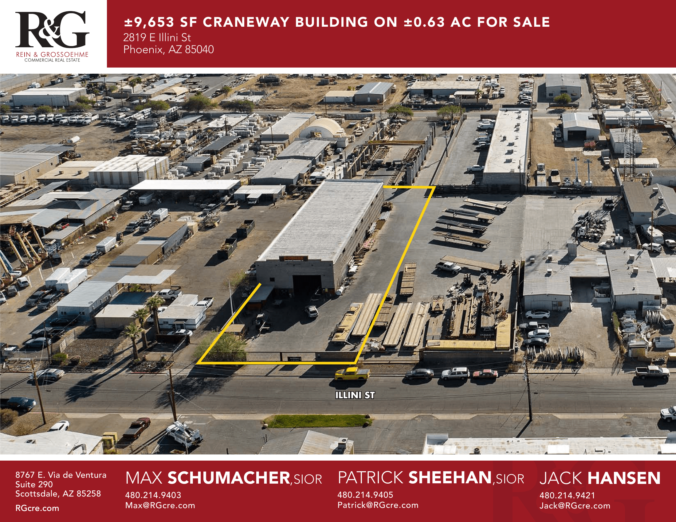Aerial view of industrial property at 2819 E Illini St in Phoenix, Arizona showing warehouse building, access points, and surrounding site area.