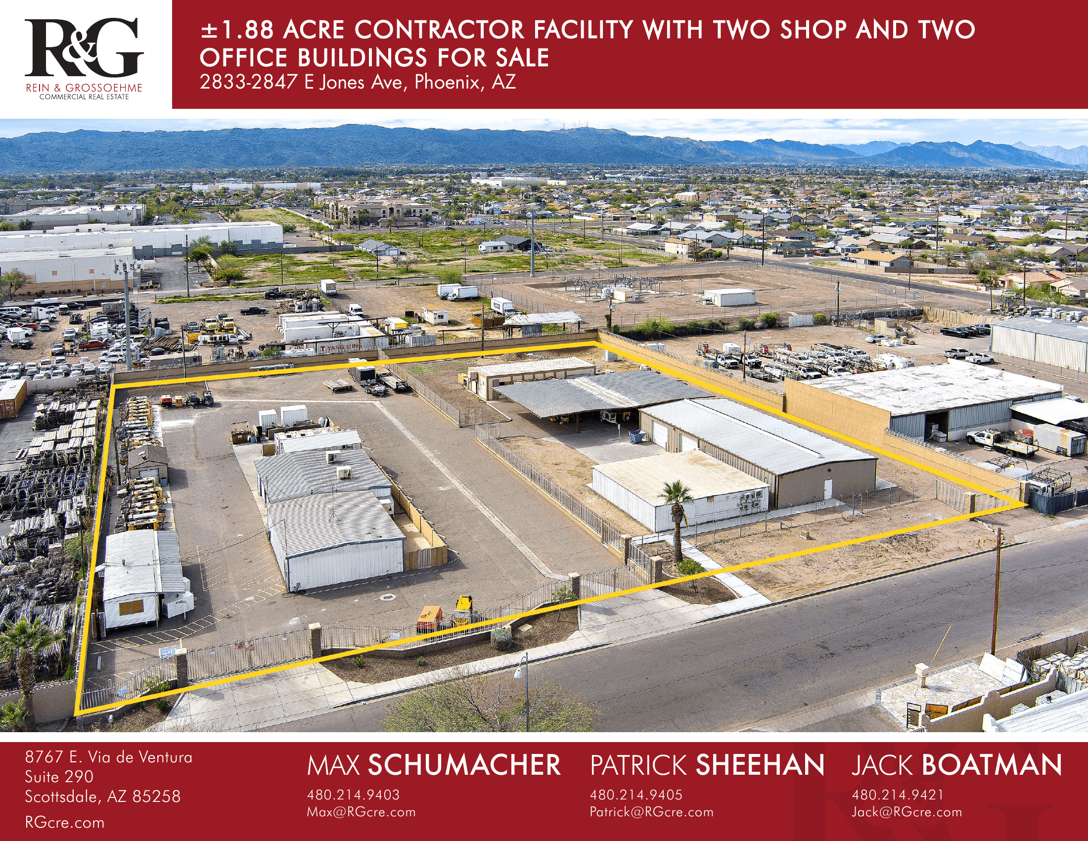 Aerial view of industrial property at 2833-2847 E Jones Ave in Phoenix, Arizona showing warehouse building, access points, and surrounding site area.
