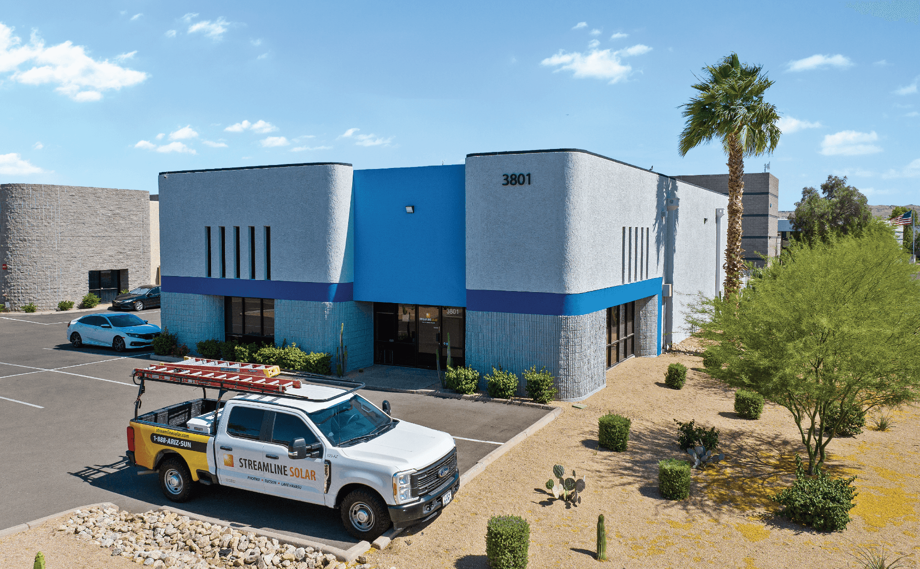 Aerial view of industrial property at 3801 E Wier Ave in Phoenix, Arizona showing warehouse building, access points, and surrounding site area.