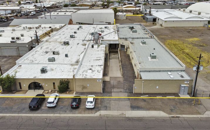 Aerial view of industrial property at 3022 W Windsor Ave in Phoenix, Arizona showing warehouse building, access points, and surrounding site area.