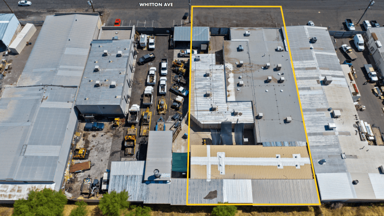 Aerial view of industrial property at 4028 W Whitton Ave in Phoenix, Arizona showing warehouse building, access points, and surrounding site area.