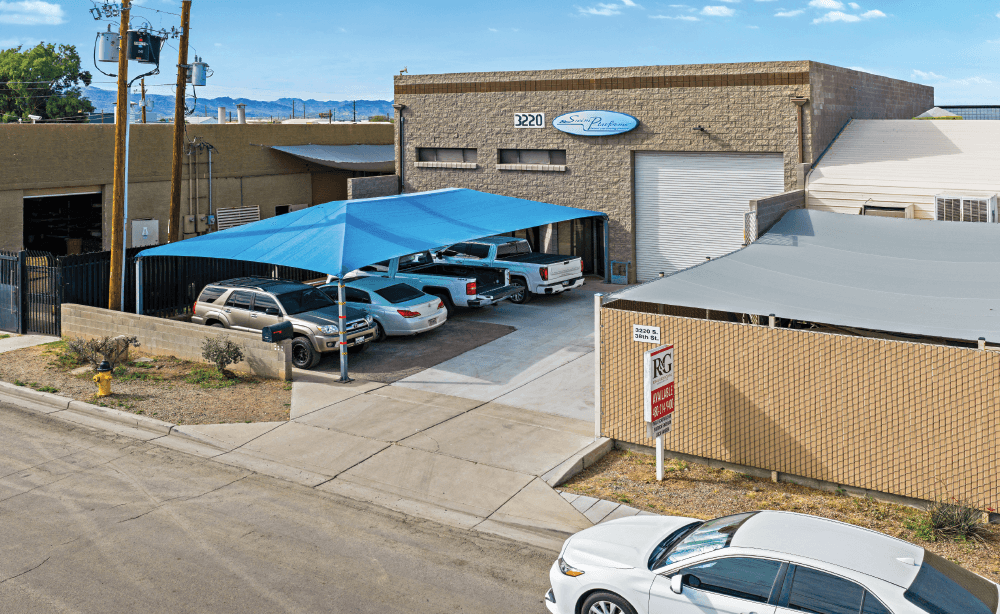 Aerial view of industrial property at 3220 S 38th St in Phoenix, Arizona showing warehouse building, access points, and surrounding site area.
