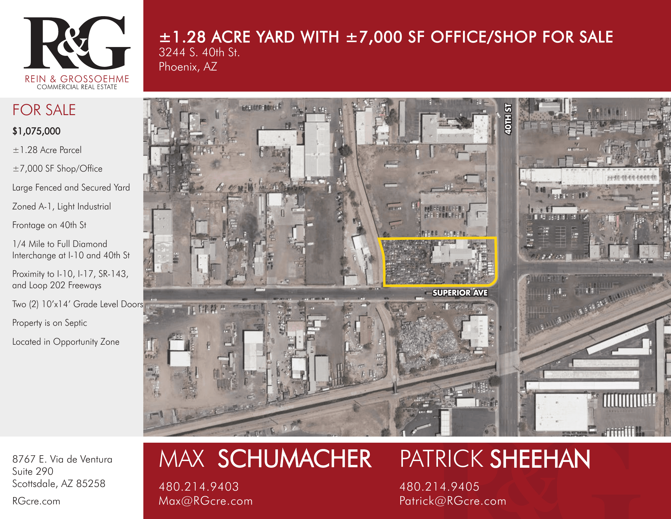 Aerial view of industrial property at 3244 S 40th St in Phoenix, Arizona showing warehouse building, access points, and surrounding site area.