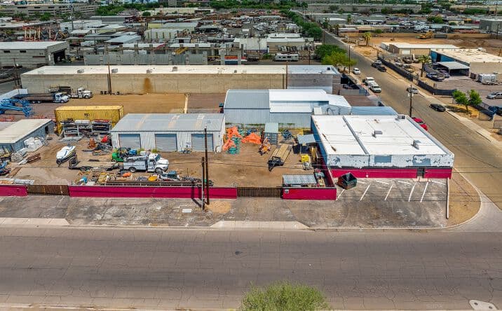 Aerial view of industrial property at 3249 S 39th Ave in Phoenix, Arizona showing warehouse building, access points, and surrounding site area.