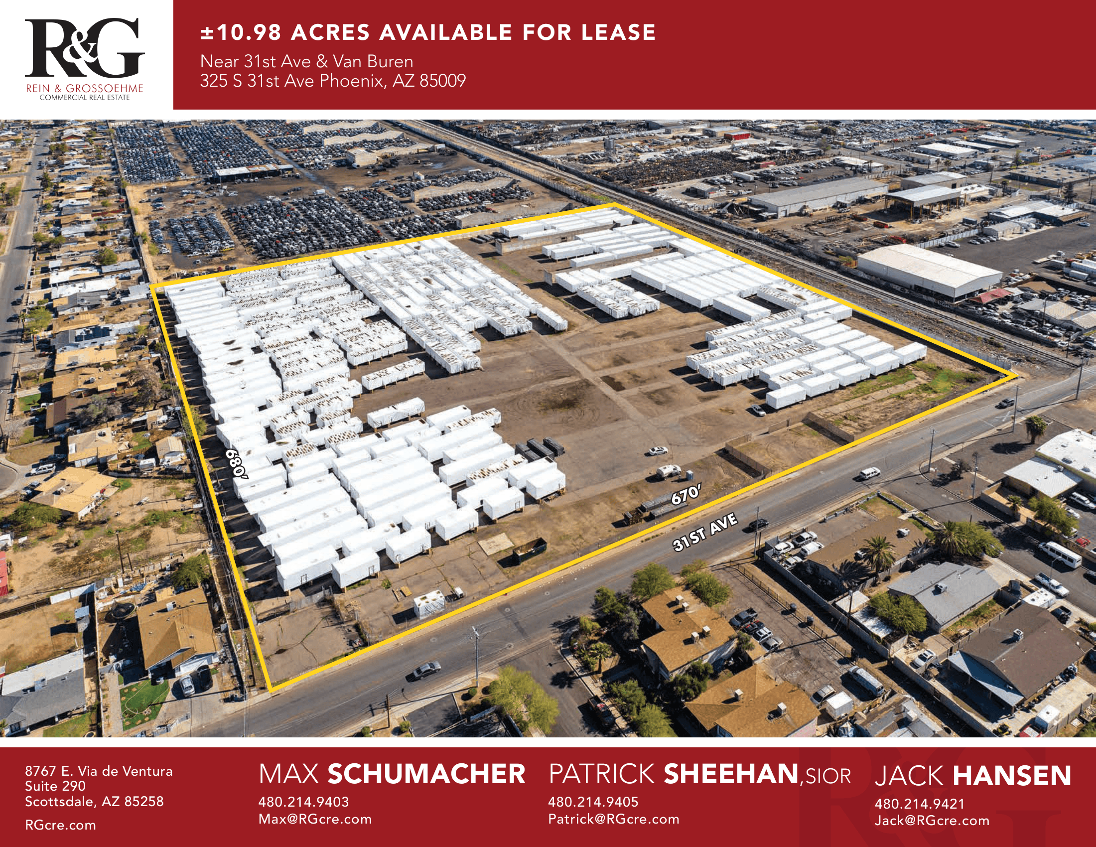 Aerial view of industrial property at 325 S 31st Ave in Phoenix, Arizona showing warehouse improvements, yard area, truck access, and outdoor storage space.