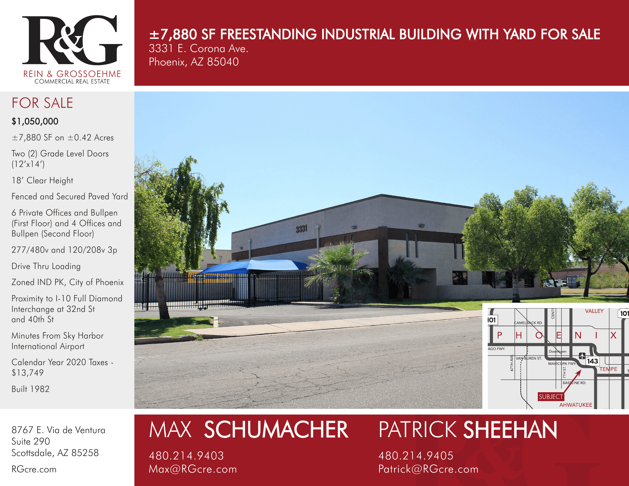 Aerial view of industrial property at 3331 E Corona Ave in Phoenix, Arizona showing warehouse building, access points, and surrounding site area.