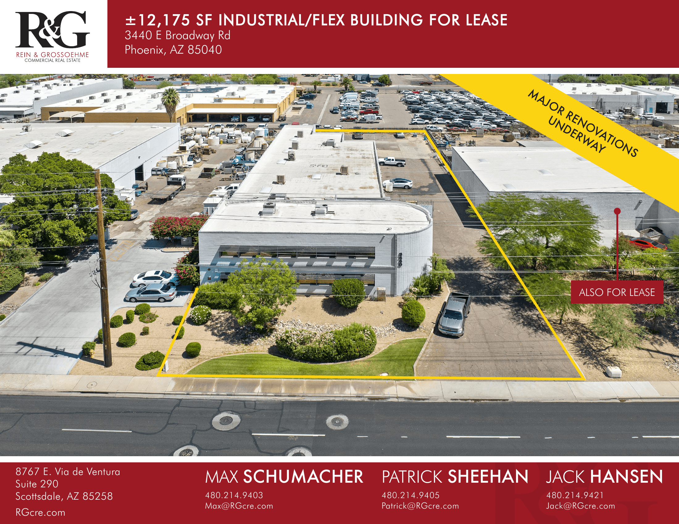 Aerial view of industrial property at 3440 E Broadway Rd in Phoenix, Arizona showing warehouse building, access points, and surrounding site area.