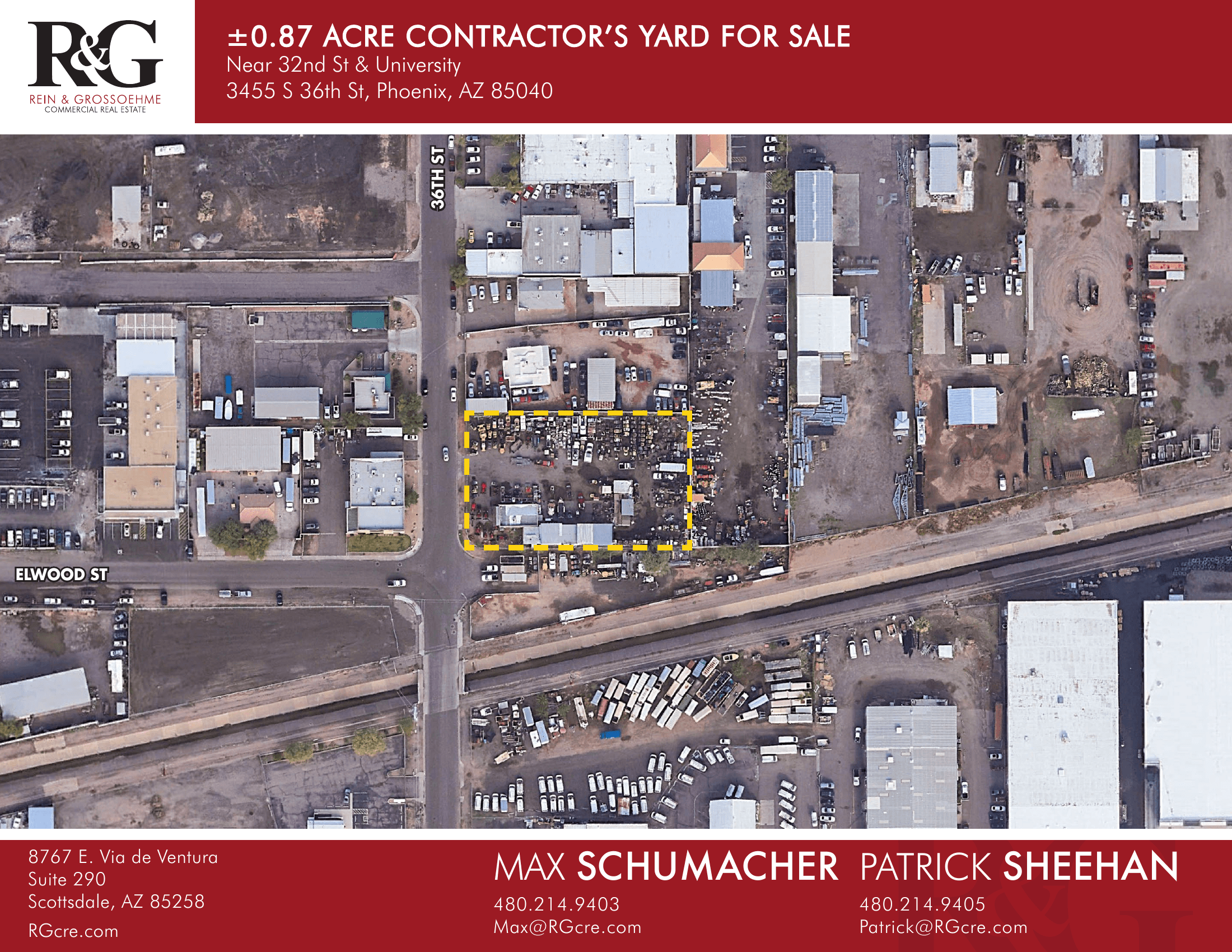 Aerial view of industrial property at 3455 S 36th St in Phoenix, Arizona showing site area, access points, and industrial yard potential.