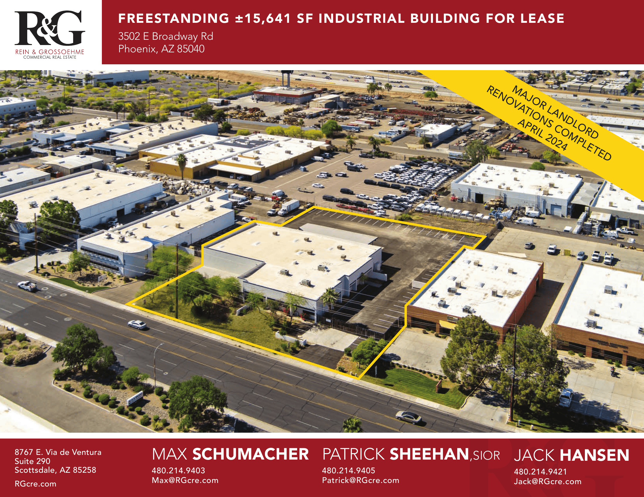 Aerial view of industrial property at 3502 E Broadway Rd in Phoenix, Arizona showing warehouse building, access points, and surrounding site area.