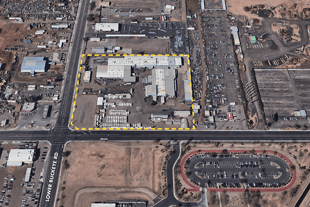Aerial view of industrial property at 3502 W Lower Buckeye Rd in Phoenix, Arizona showing warehouse building, access points, and surrounding site area.