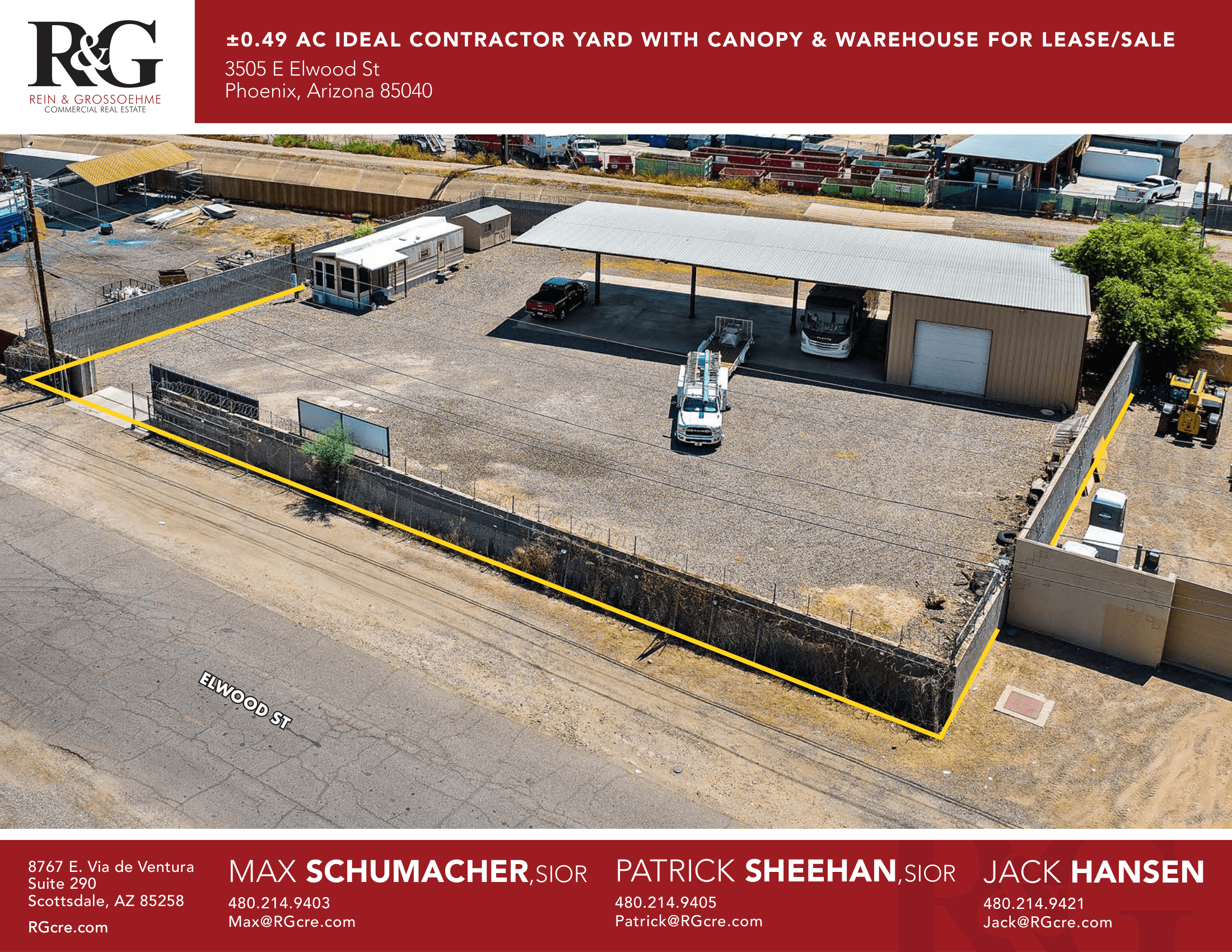 Aerial view of industrial property at 3505 E Elwood St in Phoenix, Arizona showing warehouse building, access points, and surrounding site area.